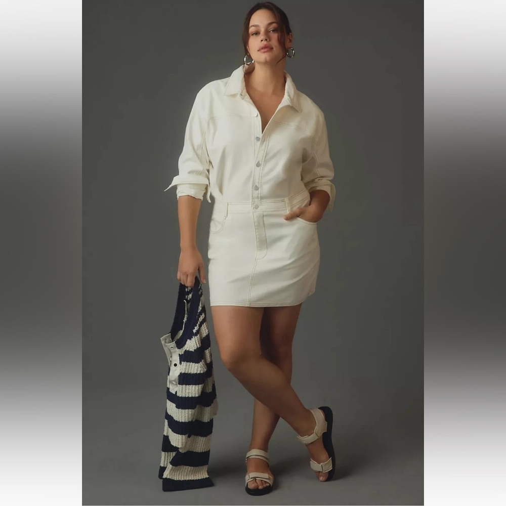 ▪️Anthropologie Long-Sleeve Denim Mini Shirt Dress 1X Ivory Jean